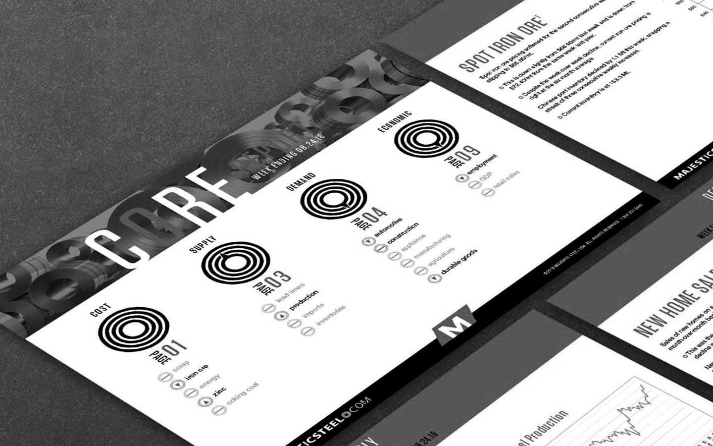 black and white image of the core report that shows different data to represent majestic steel insights