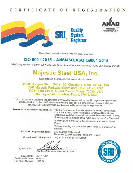colored image of the iso certification of registration for majestic steel usa
