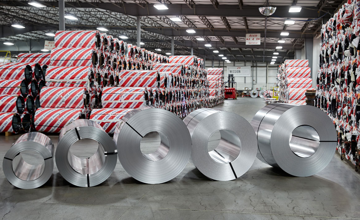 colored image of steel coils in the warehouse