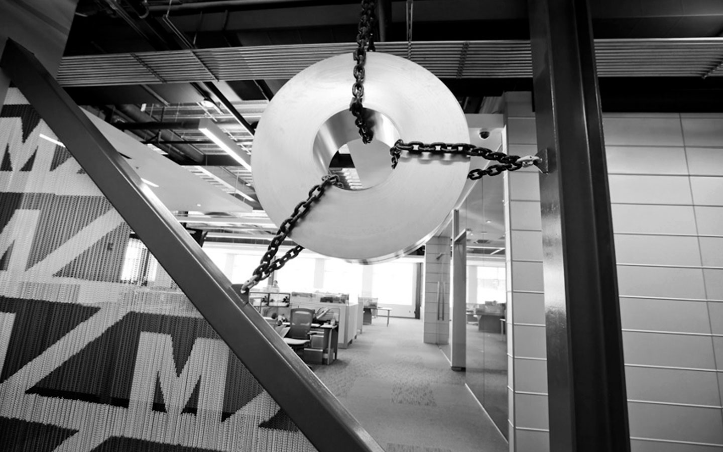 black and white image of steel coil decoration at the majestic steel office